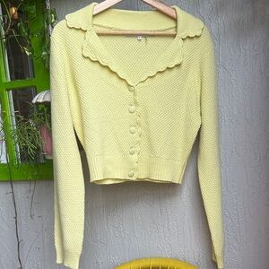 English Factory Pastel Yellow Scallop Collar Button Cardigan